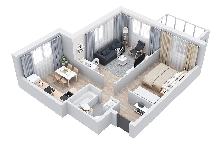 Визуализация 3d планировки квартиры с мебелью изображение 1