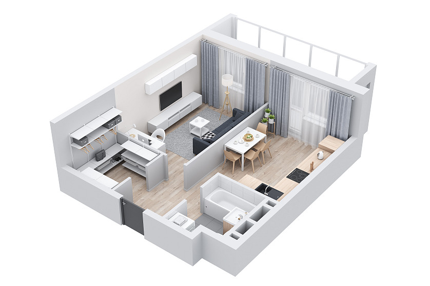 Визуализация 3d планировки квартиры с мебелью изображение 2